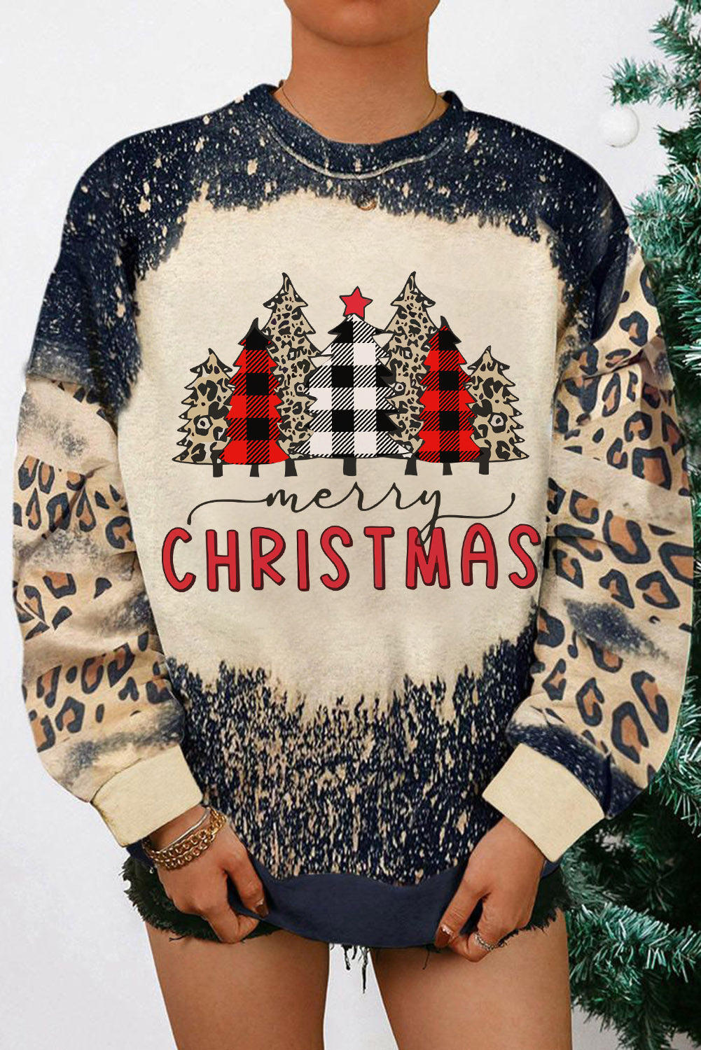 Merry Christmas Multi Tree Print Leopard Sleeve Sweatshirt