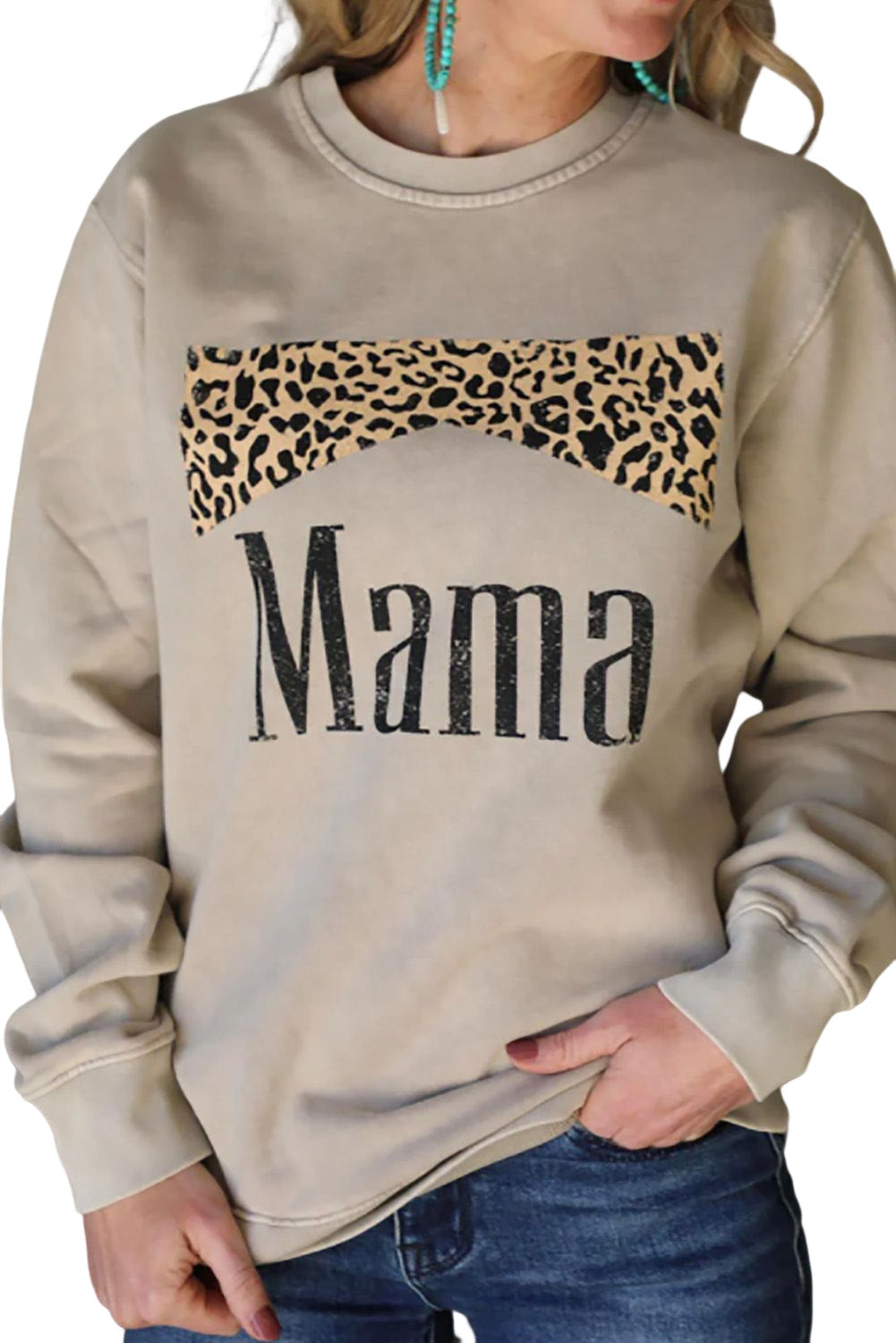 Khaki Mama Leopard Print Crewneck Pullover Sweatshirt