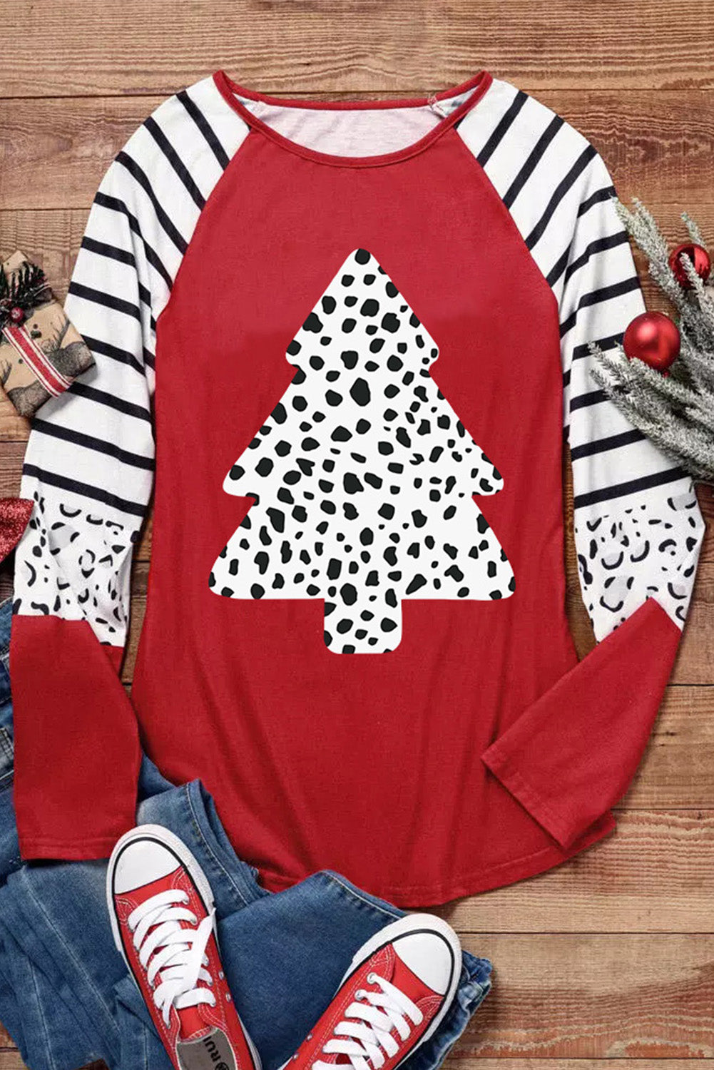 Leopard Christmas Tree Striped Color Block Long Sleeve Top