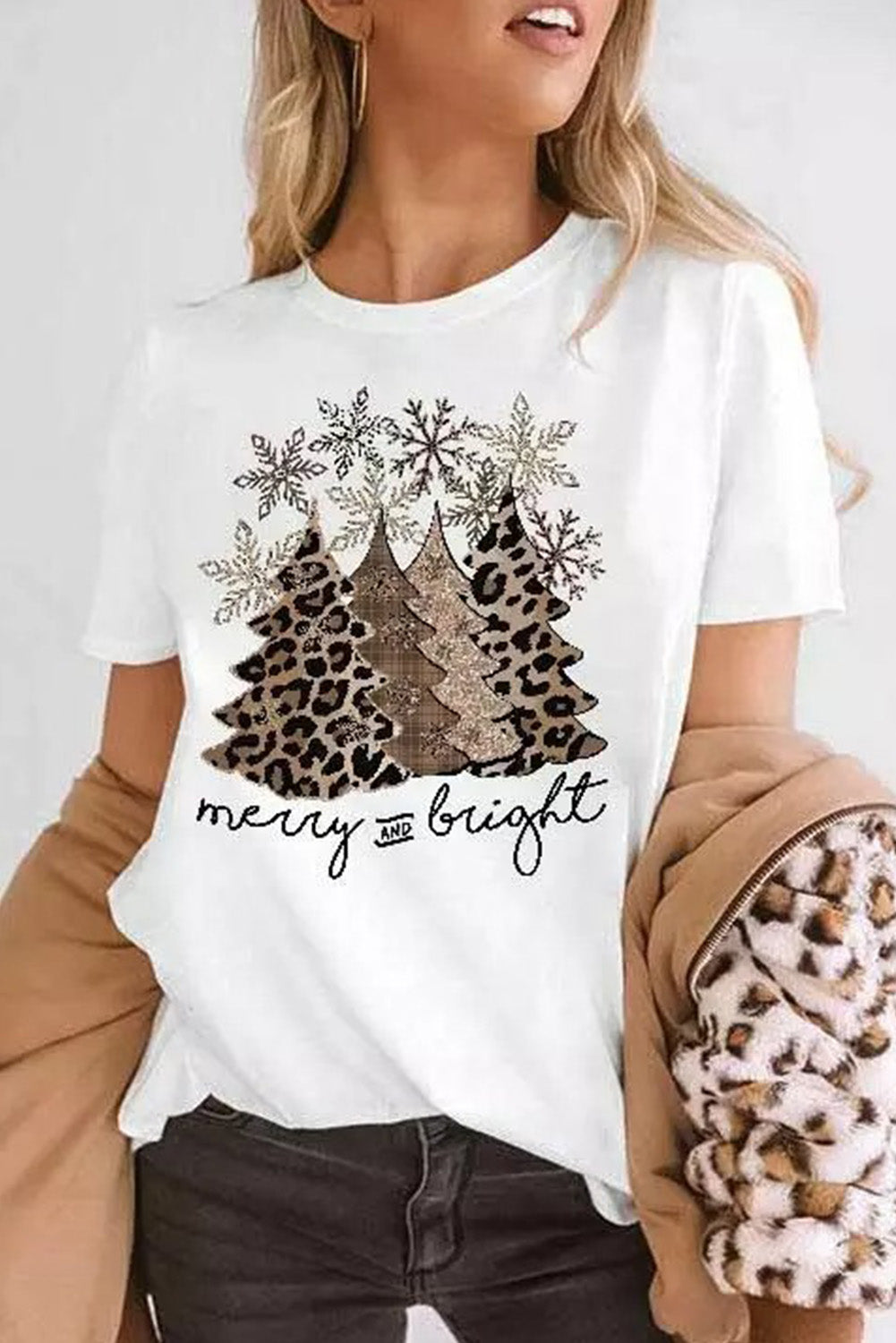 Leopard Christmas Tree Graphic Print Crew Neck T Shirt