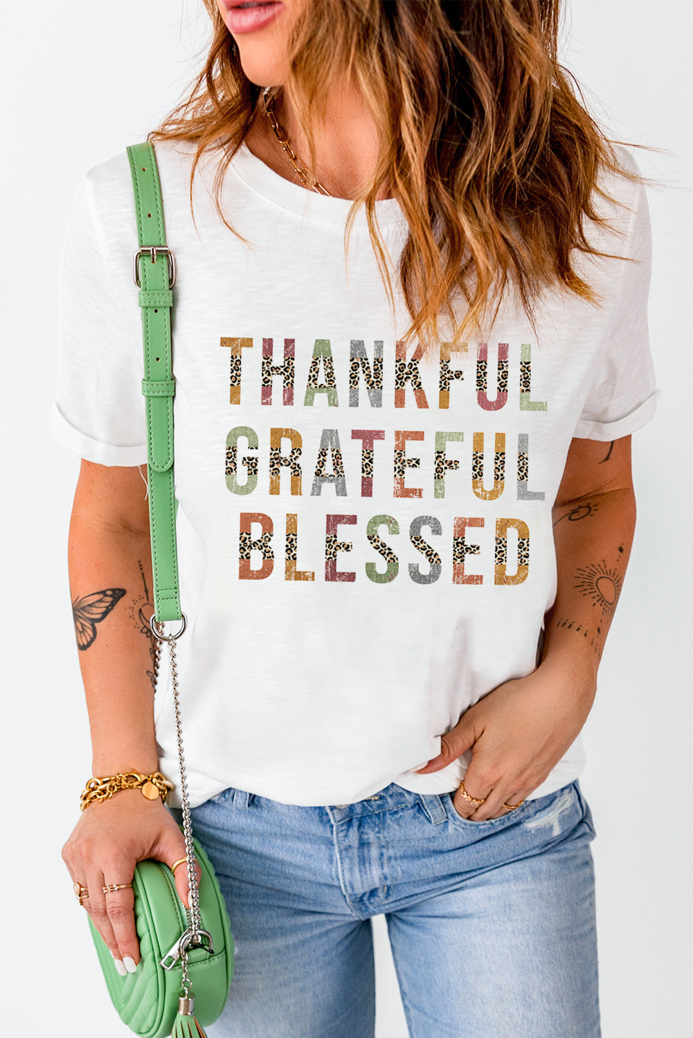 Leopard Patchwork Thankful Grateful Blessed Graphic T Shirt