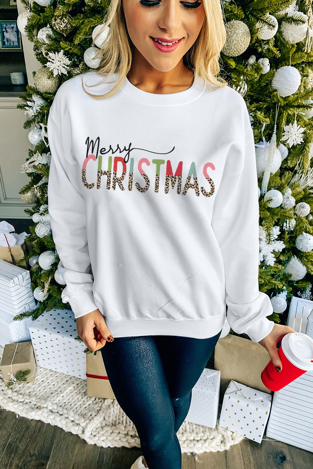 Merry Christmas Leopard Print Long Sleeve Sweatshirt