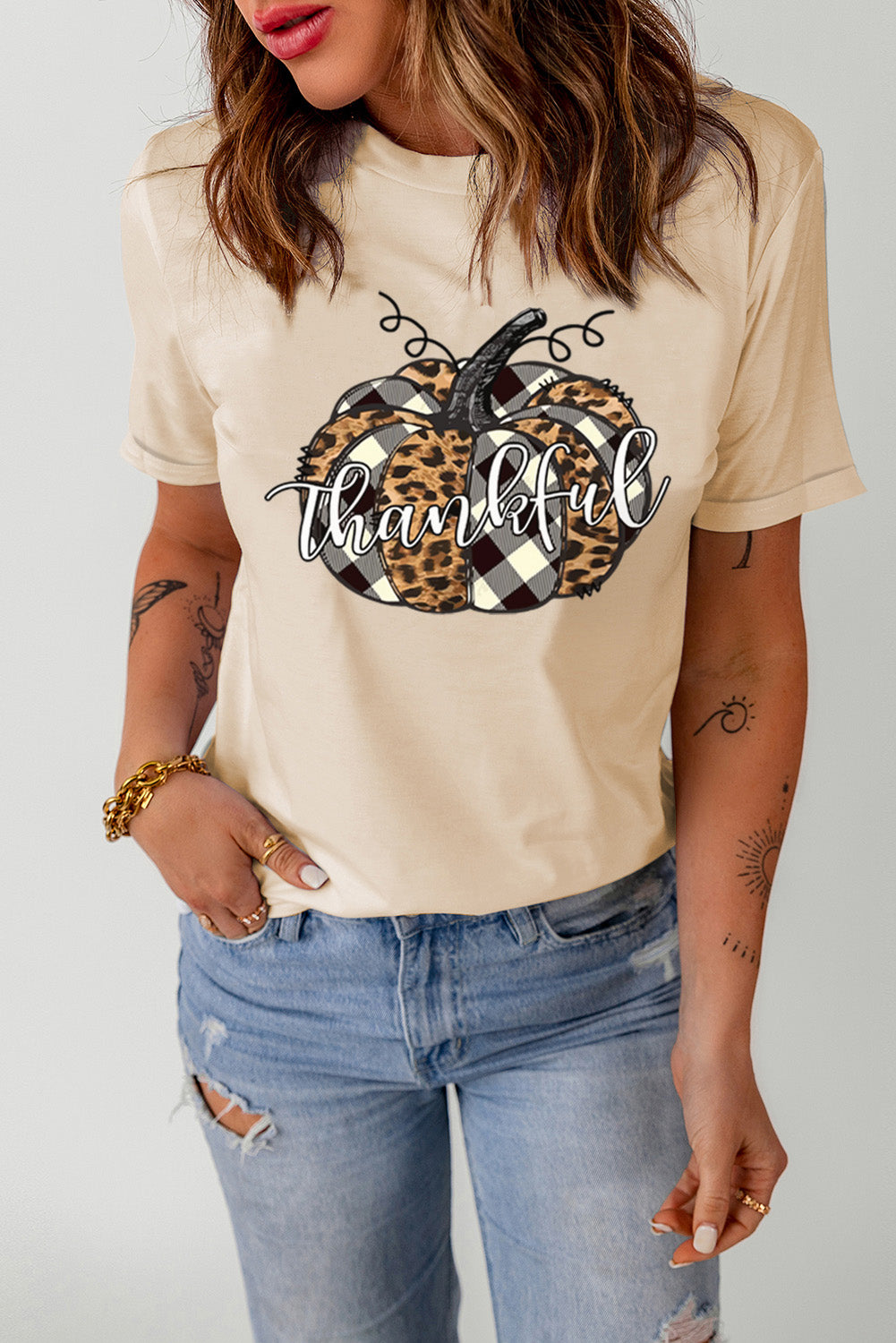 Khaki Thankful Pumpkin Plaid Print Crewneck Graphic Tee