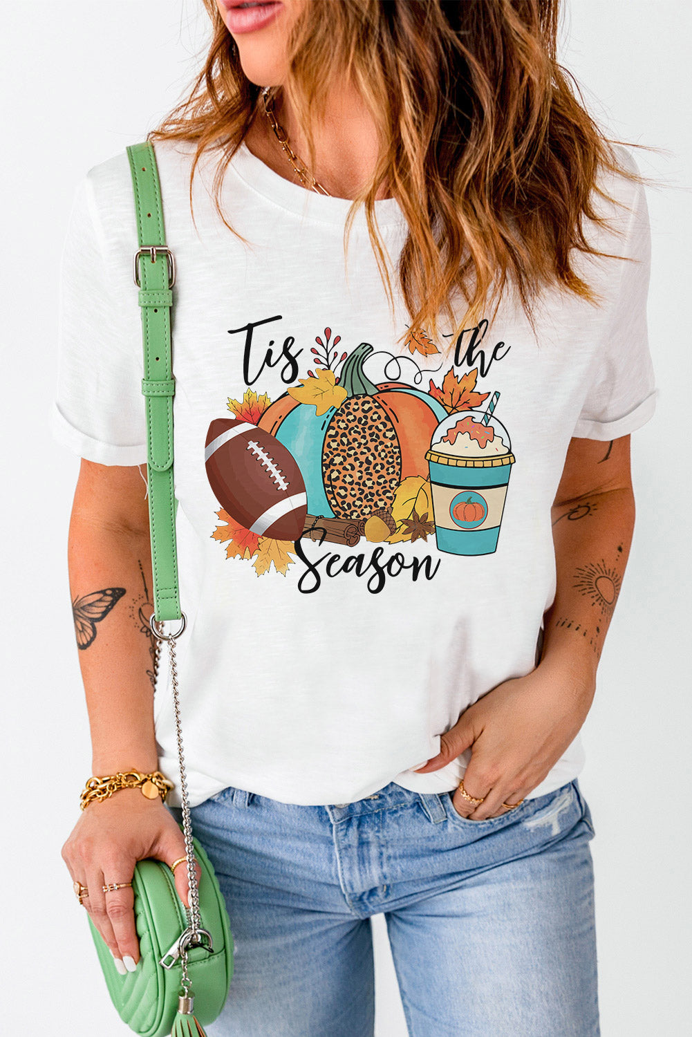 Tis The Season Pumpkin Graphic Print Crew Neck T Shirt