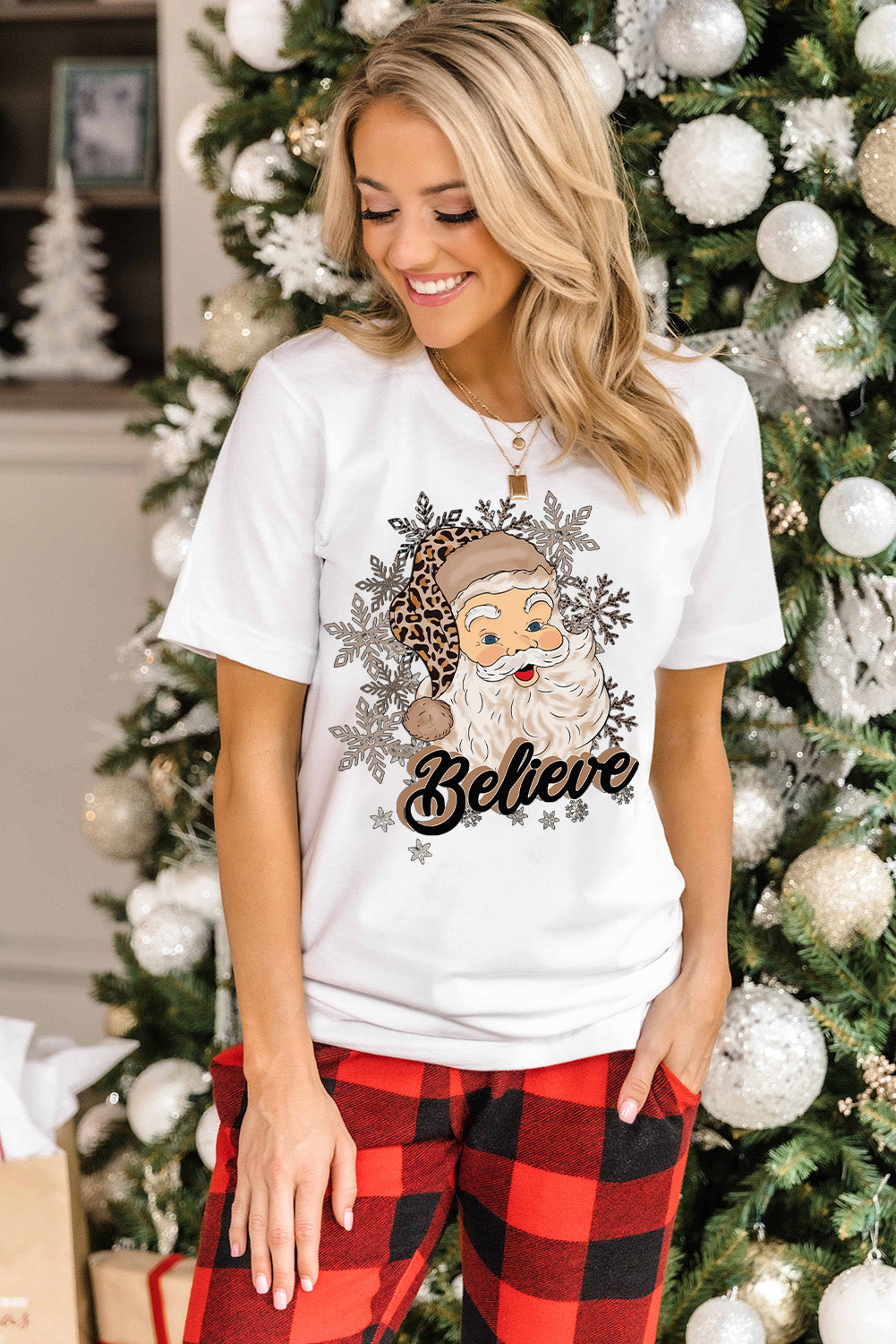 Believe Santa Claus Snowflake Print Crew Neck T Shirt