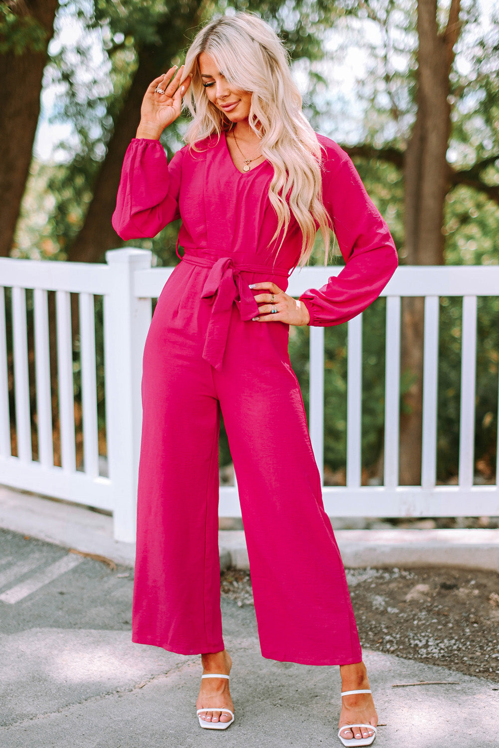 Bishop Sleeve Belted Wide Leg Jumpsuit