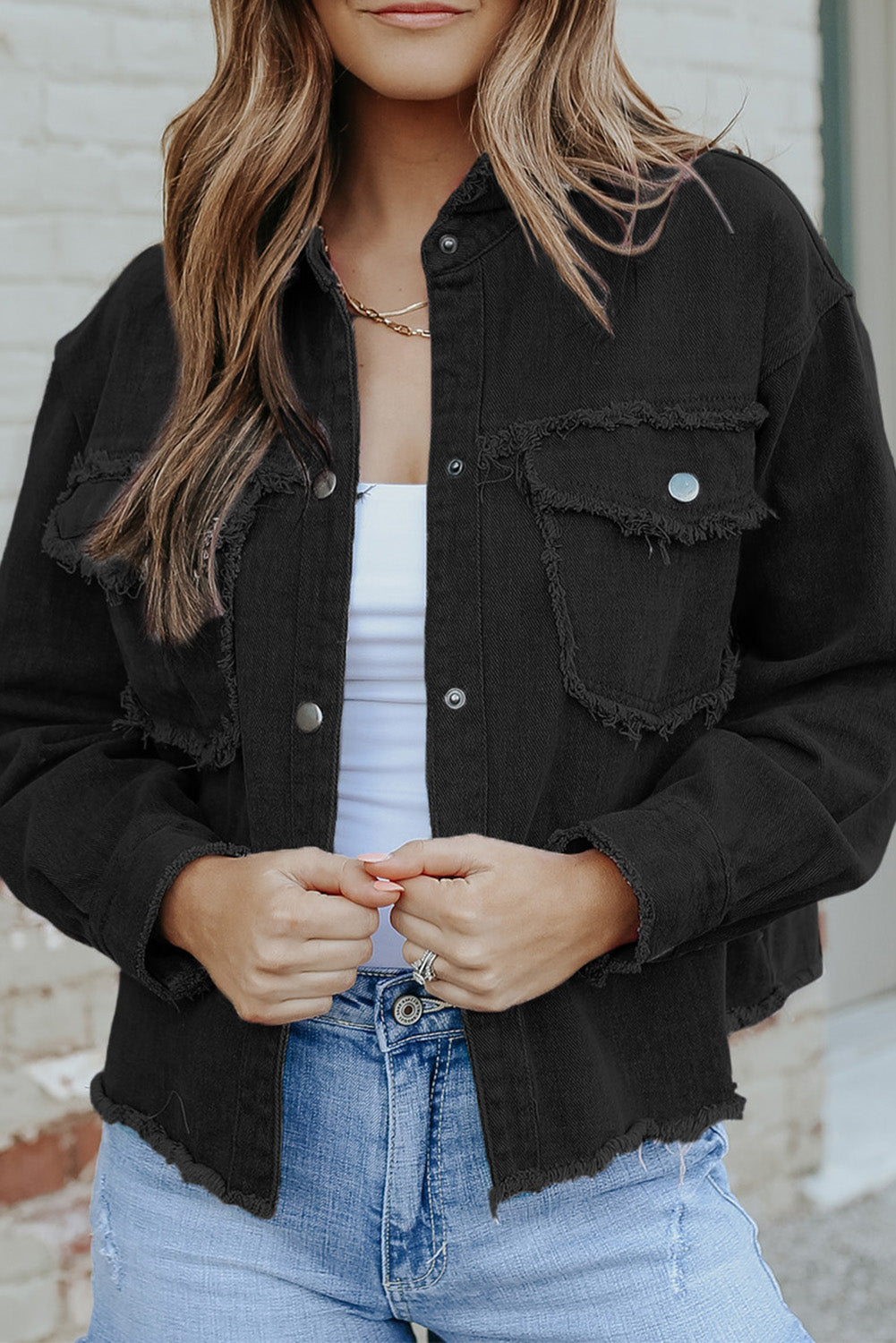 Distressed Flap Pockets Frayed Hemline Denim Jacket