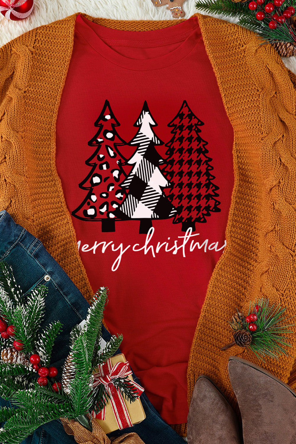 Merry Christmas Trees Graphic Print Short Sleeve T Shirt