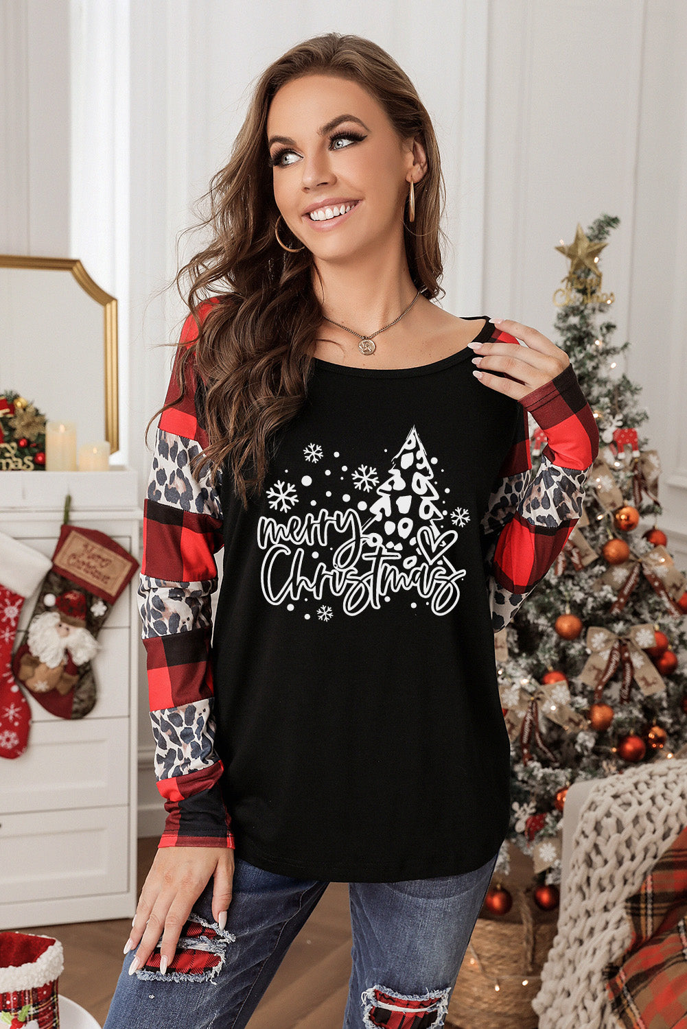 Merry Christmas Plaid Leopard Patchwork Long Sleeve Top