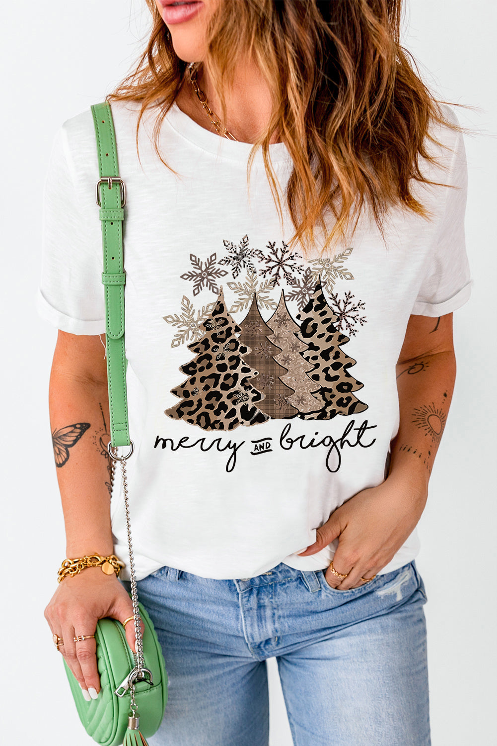 Leopard Christmas Tree Graphic Print Crew Neck T Shirt