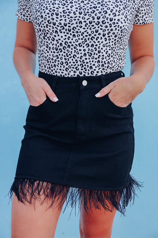 Feather Fringed Denim Skirt