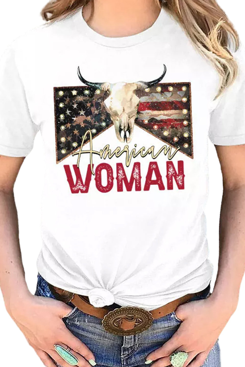 American Woman Cow Skull Print Graphic T Shirt