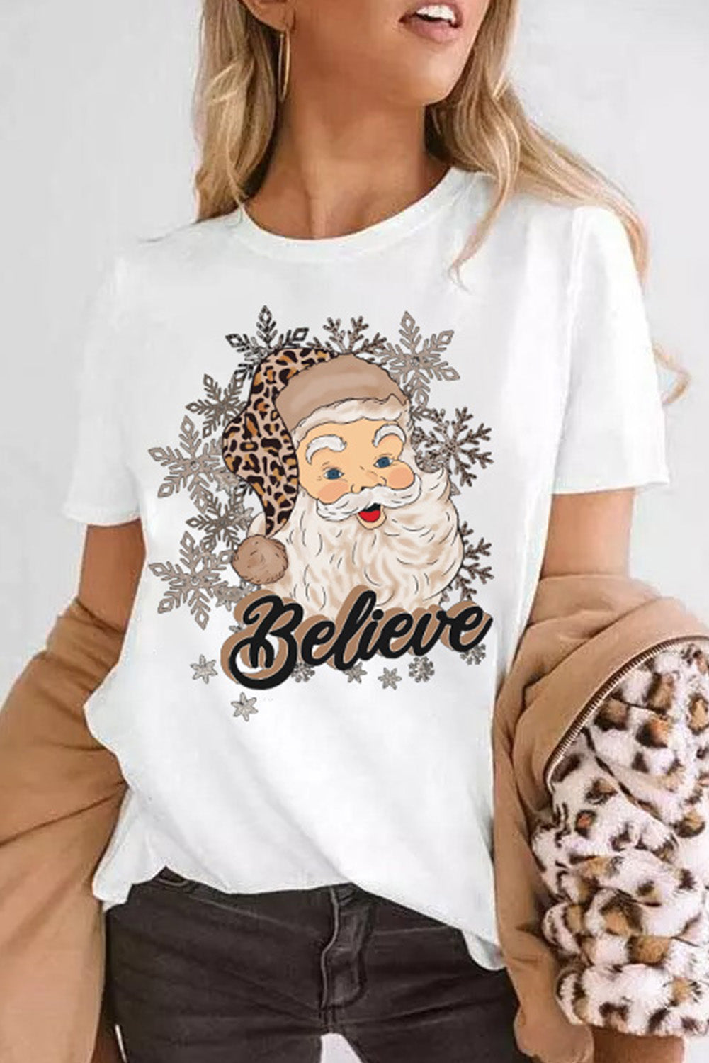 Believe Santa Claus Snowflake Print Crew Neck T Shirt