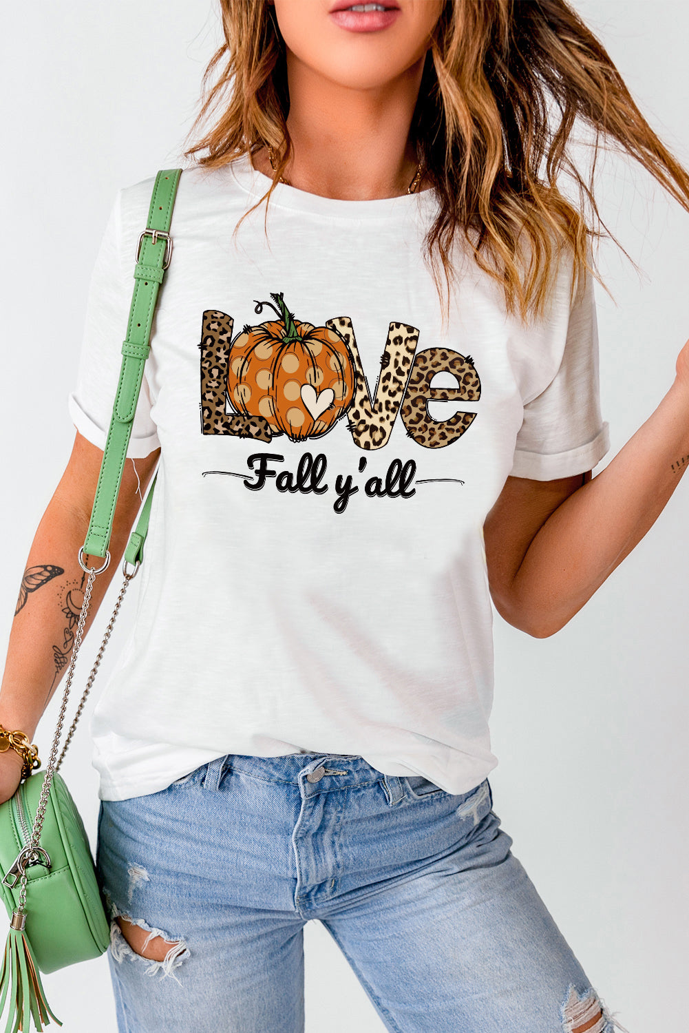 LOVE Leopard Pumpkin Graphic Print Crew Neck T Shirt