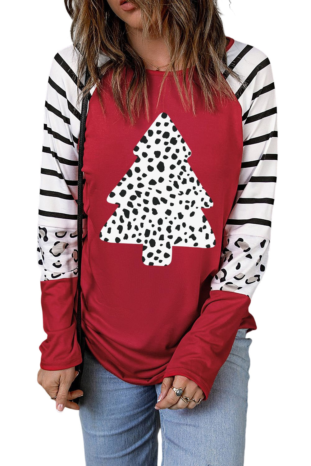 Leopard Christmas Tree Striped Color Block Long Sleeve Top