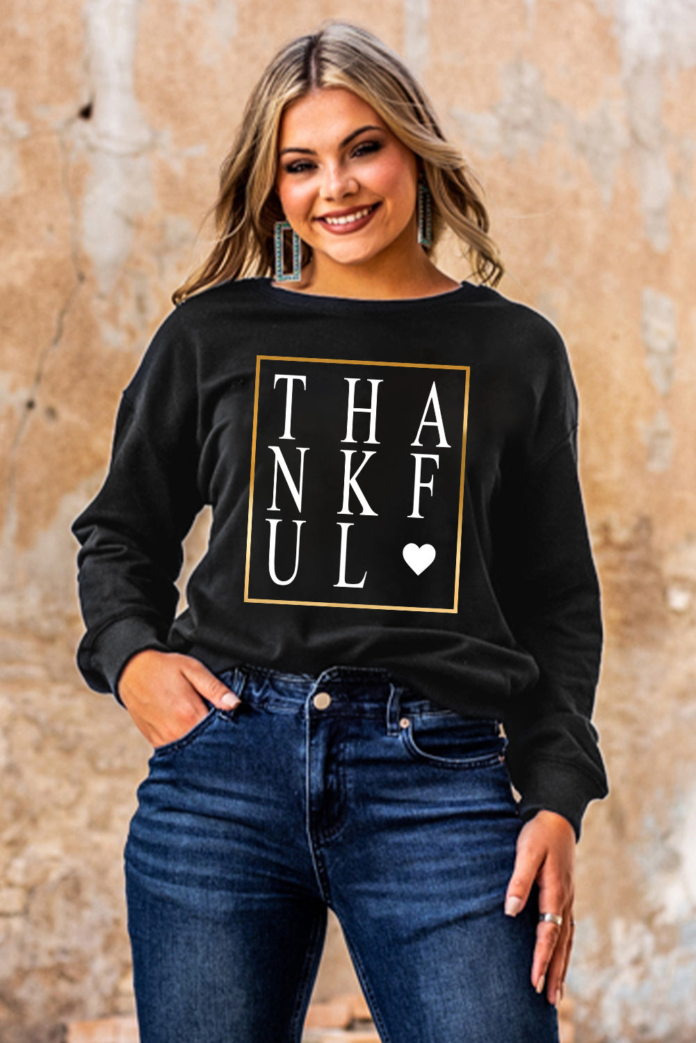 THANKFUL Heart Print Long Sleeve Sweatshirt