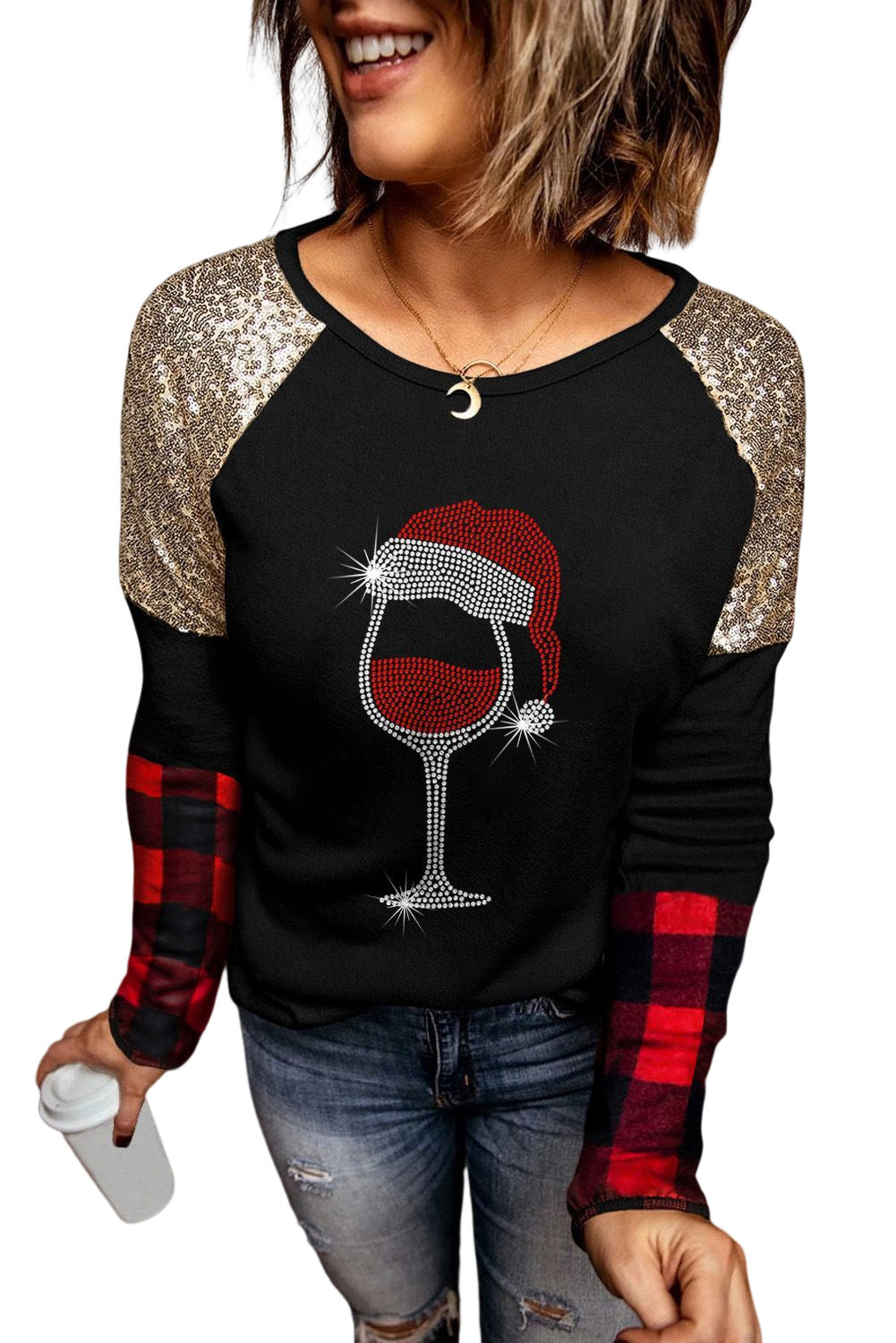 Christmas Glass Print Sequin Plaid Patchwork Top