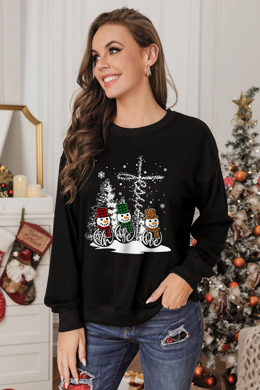 Christmas Snowman Graphic Print Pullover Sweatshirt