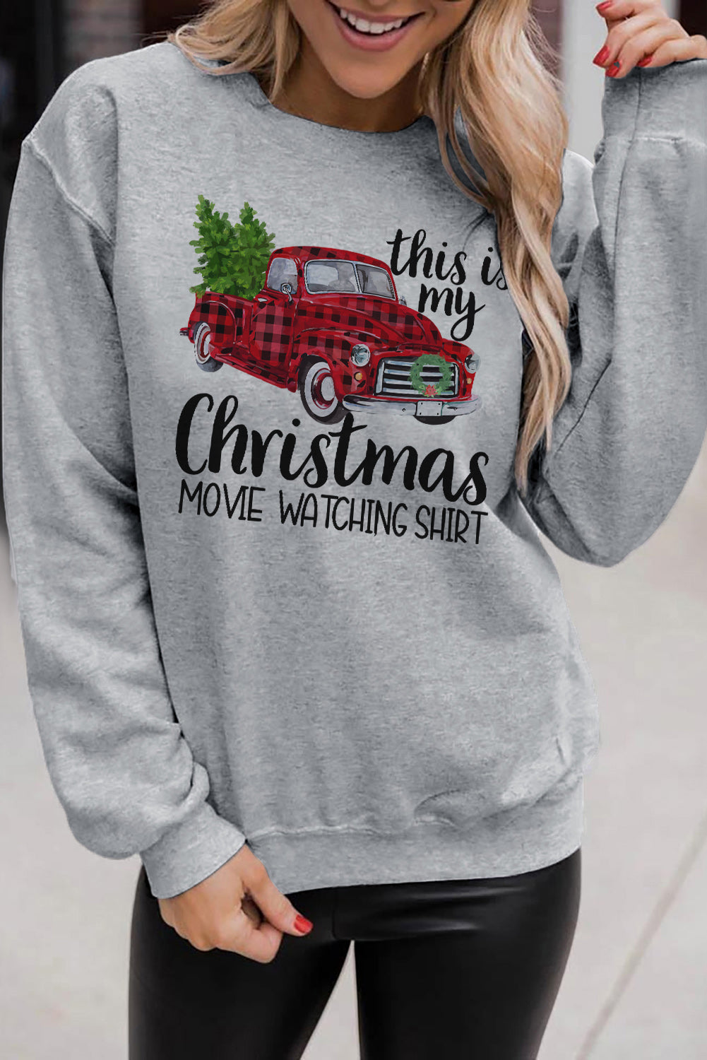 Christmas Letter Plaid Car Graphic Print Pullover Sweatshirt