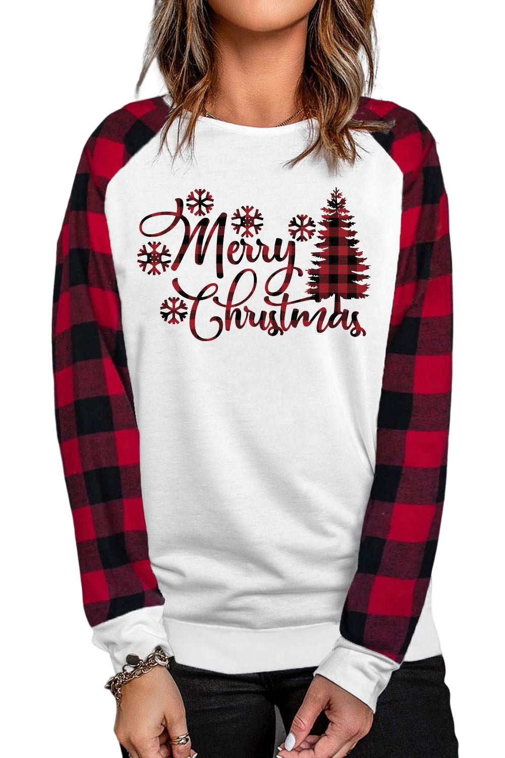 Merry Christmas Plaid Graphic Print Long Sleeve Sweatshirt