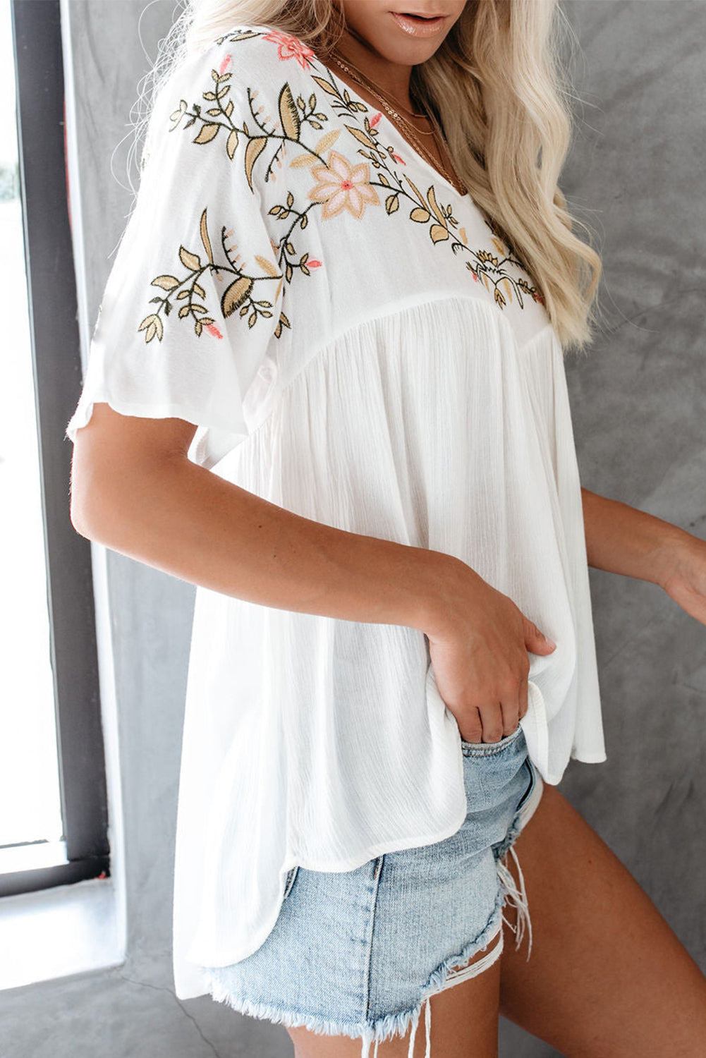 Floral Embroidered V Neck Crinkle Babydoll Blouse