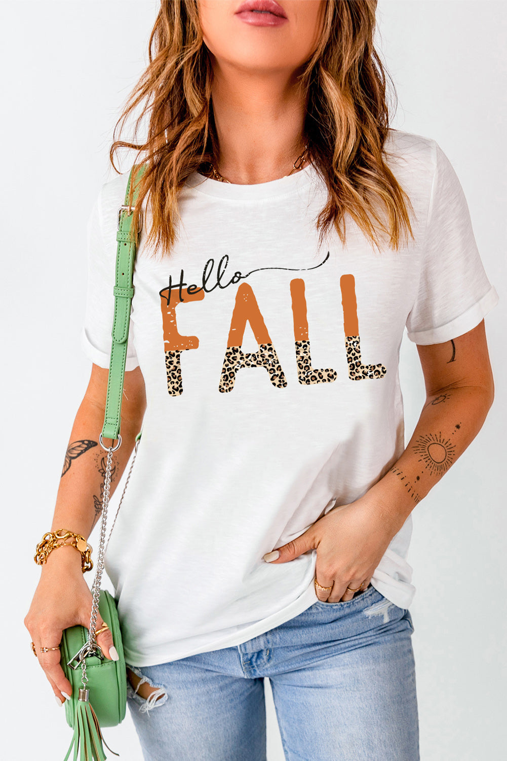 Hello Fall Leopard Fun Graphic T Shirt