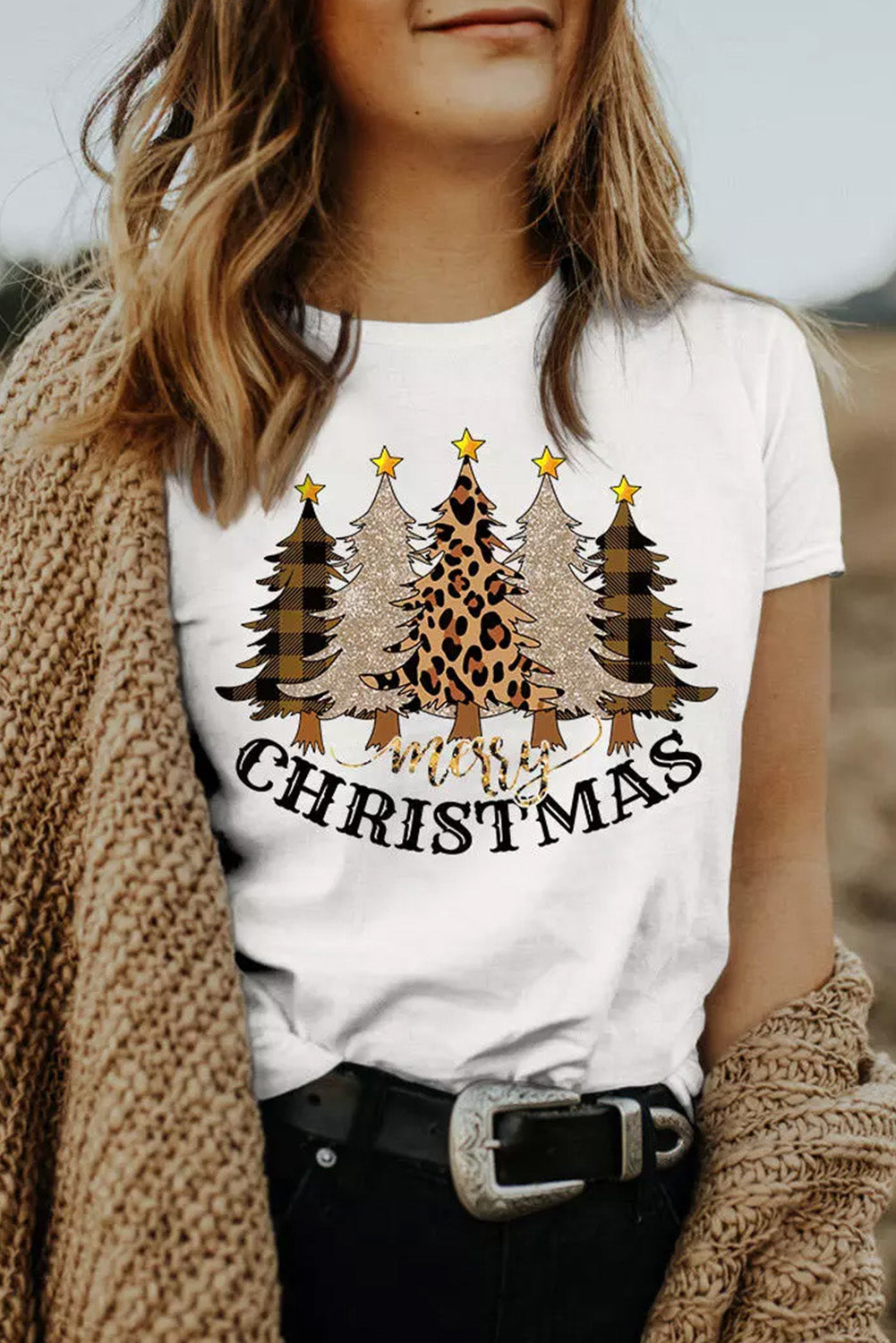 Merry Christmas Leopard Tree Print Short Sleeve T Shirt