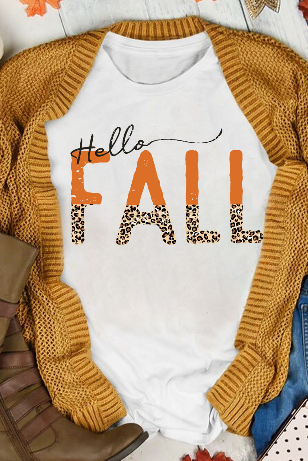 Hello Fall Leopard Fun Graphic T Shirt