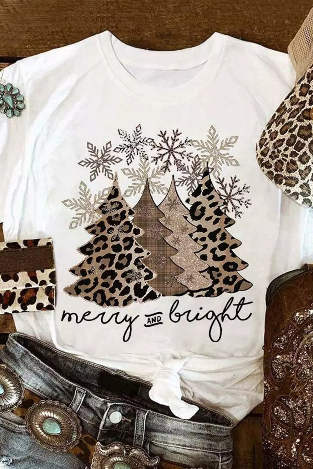 Leopard Christmas Tree Graphic Print Crew Neck T Shirt