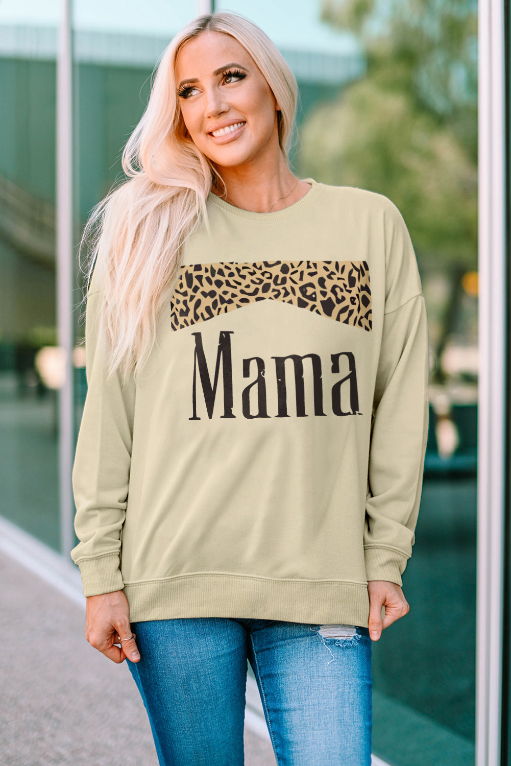 Khaki Mama Leopard Print Crewneck Pullover Sweatshirt