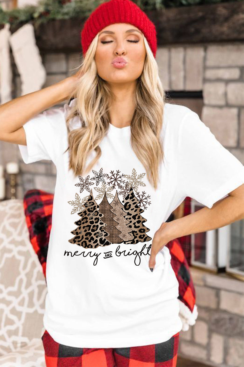 Leopard Christmas Tree Graphic Print Crew Neck T Shirt