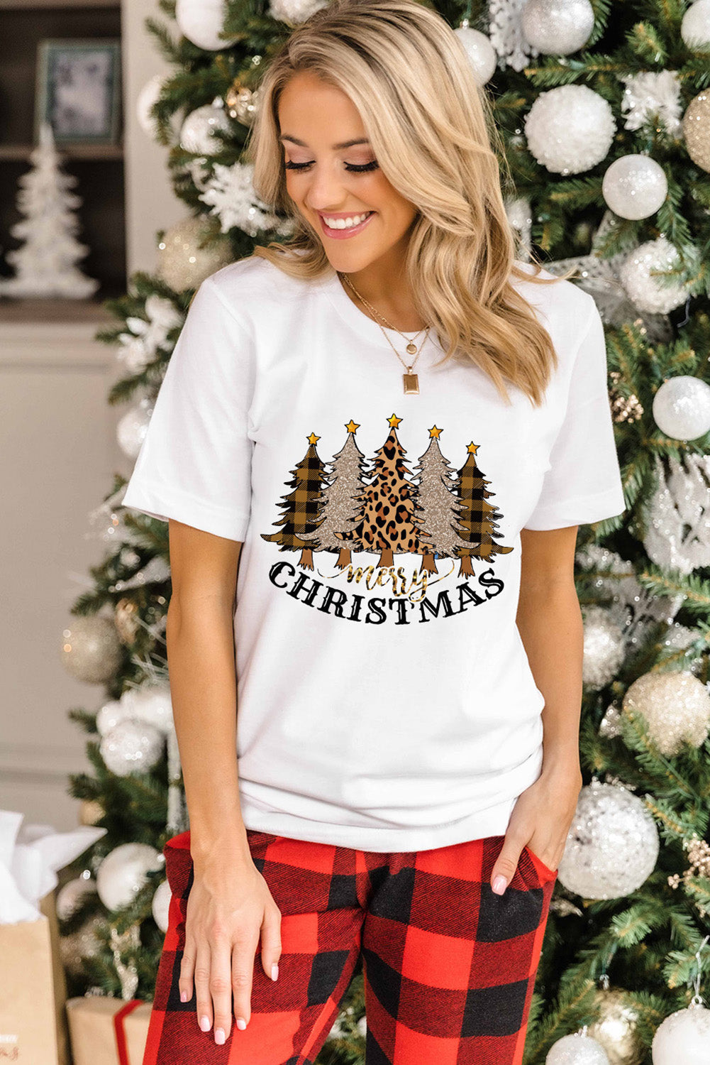 Merry Christmas Leopard Tree Print Short Sleeve T Shirt