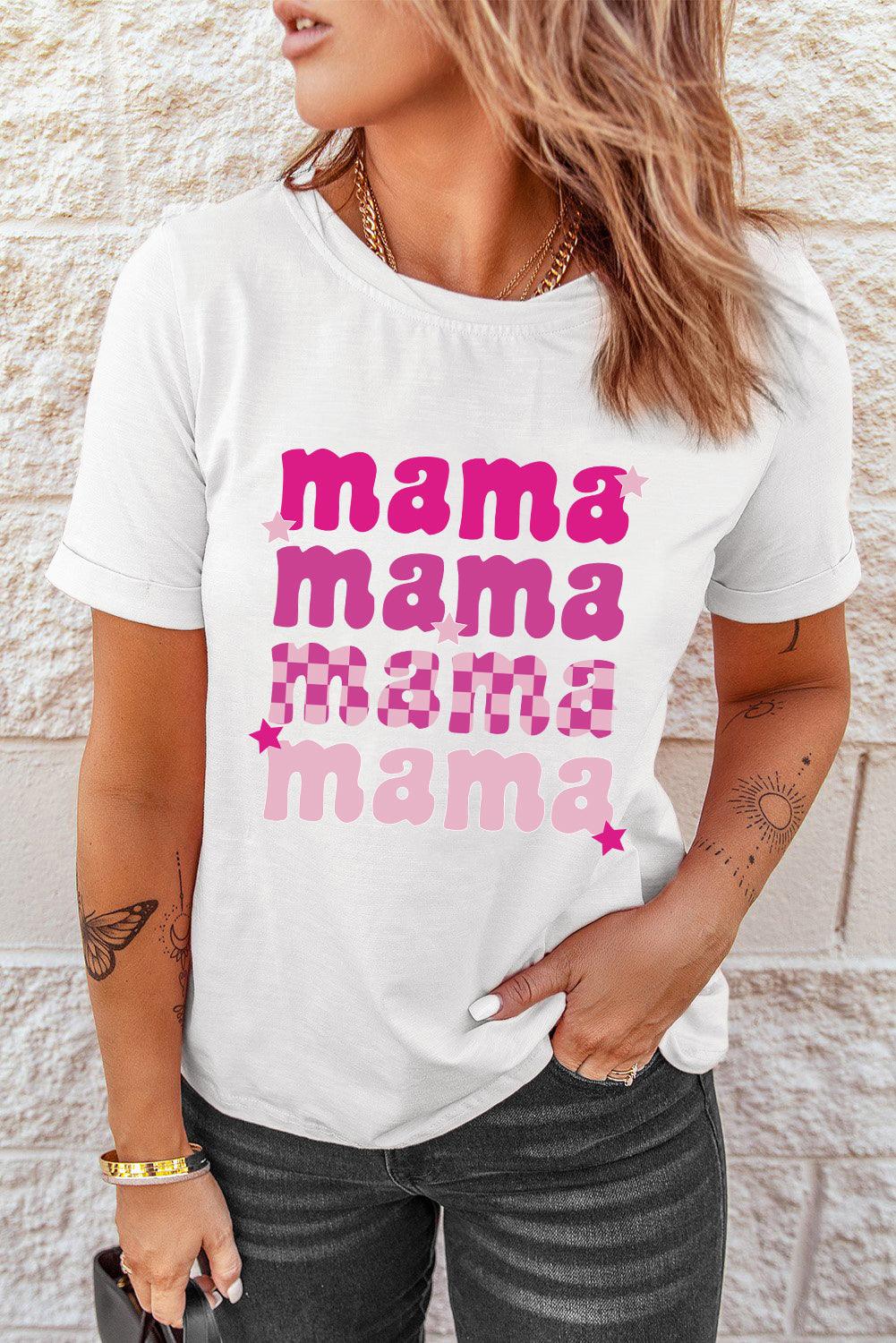 Round Neck mama Graphic Casual Tee