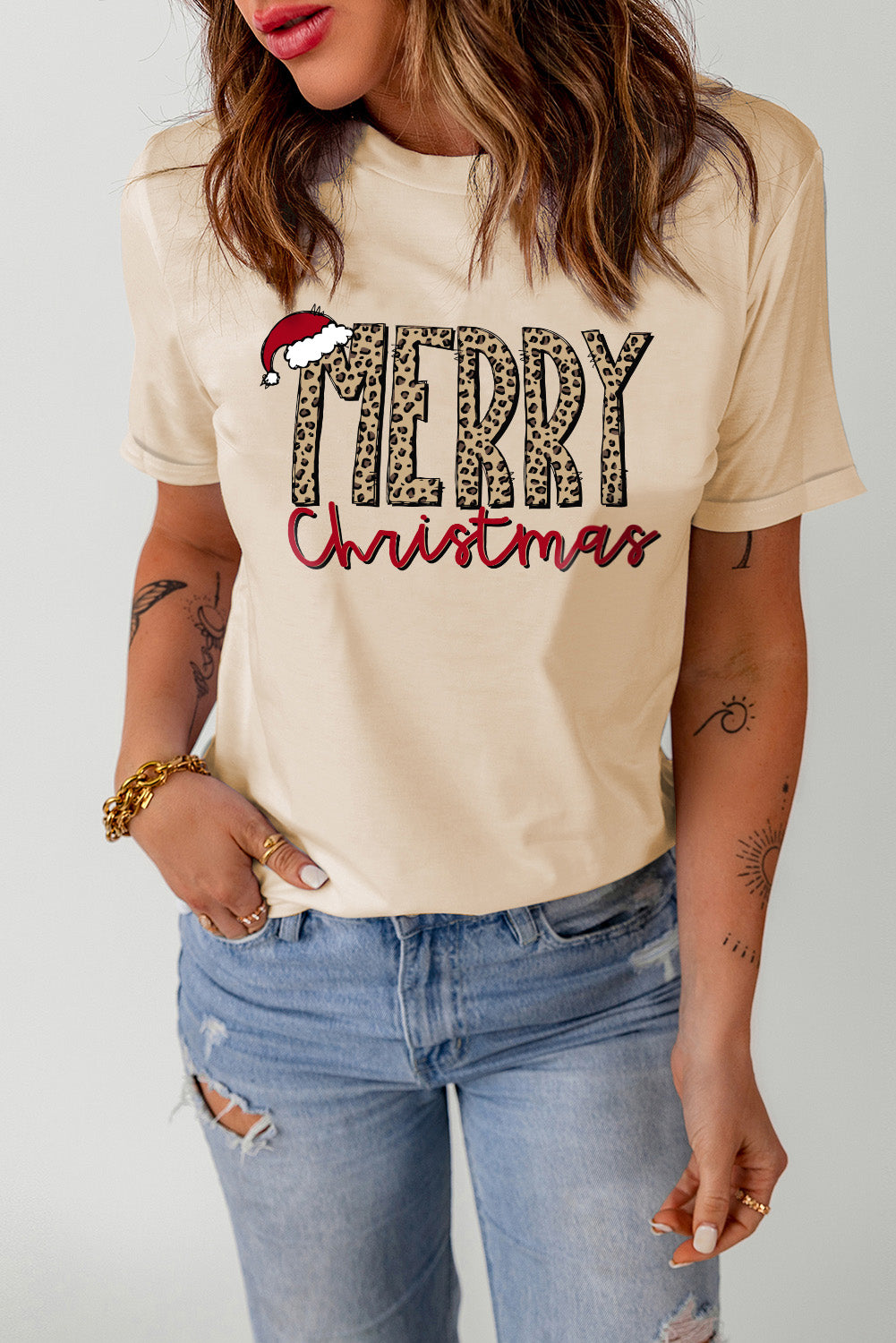 Khaki MERRY Christmas Hat Print Crew Neck Graphic Tee