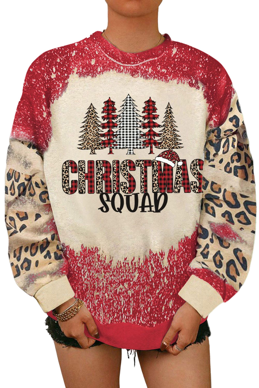 Christmas Tree Leopard Bleached Print Pullover Sweatshirt