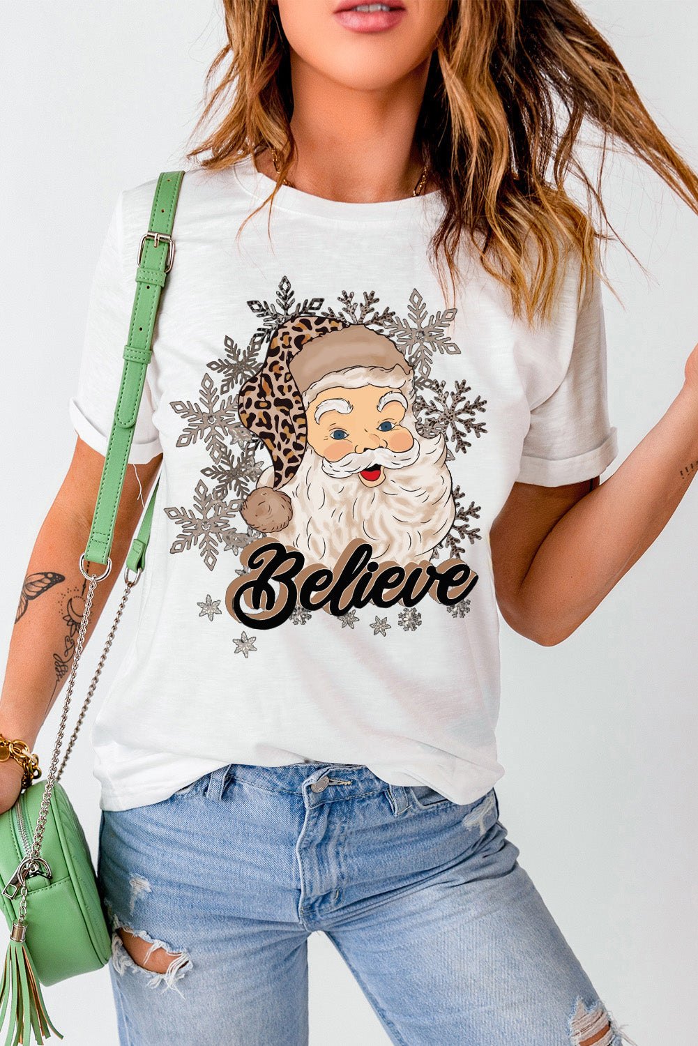 Believe Santa Claus Snowflake Print Crew Neck T Shirt