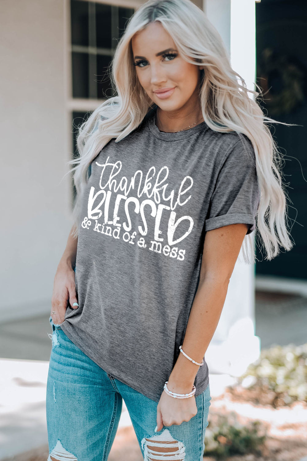 BLESSED Letter Graphic Print Crew Neck T Shirt