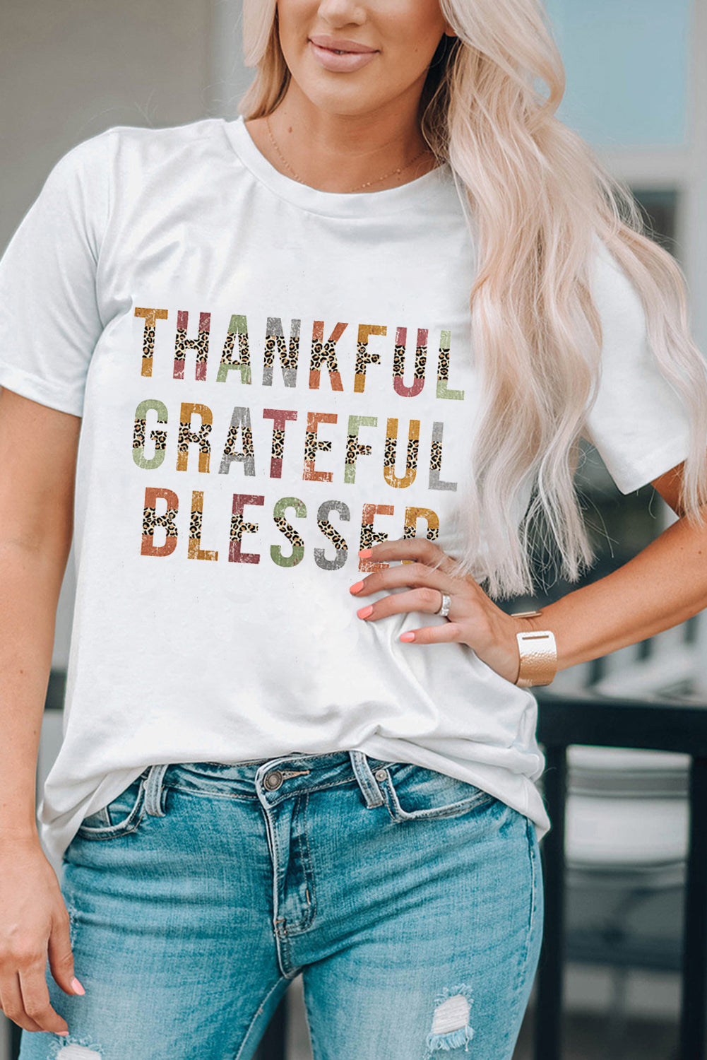 Leopard Patchwork Thankful Grateful Blessed Graphic T Shirt