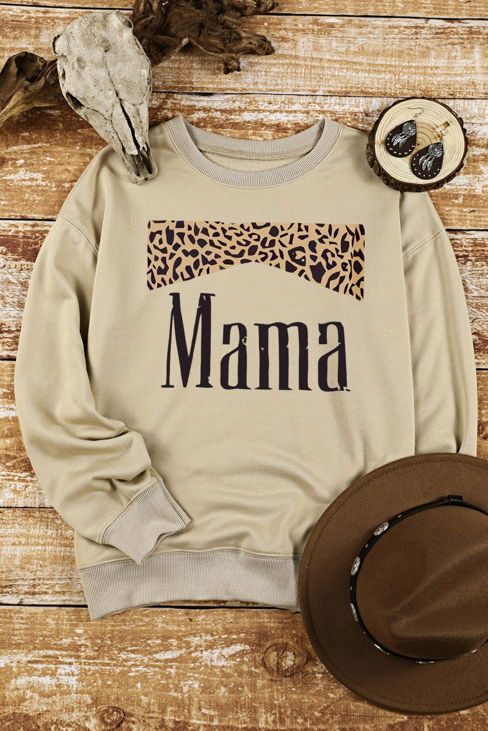 Khaki Mama Leopard Print Crewneck Pullover Sweatshirt