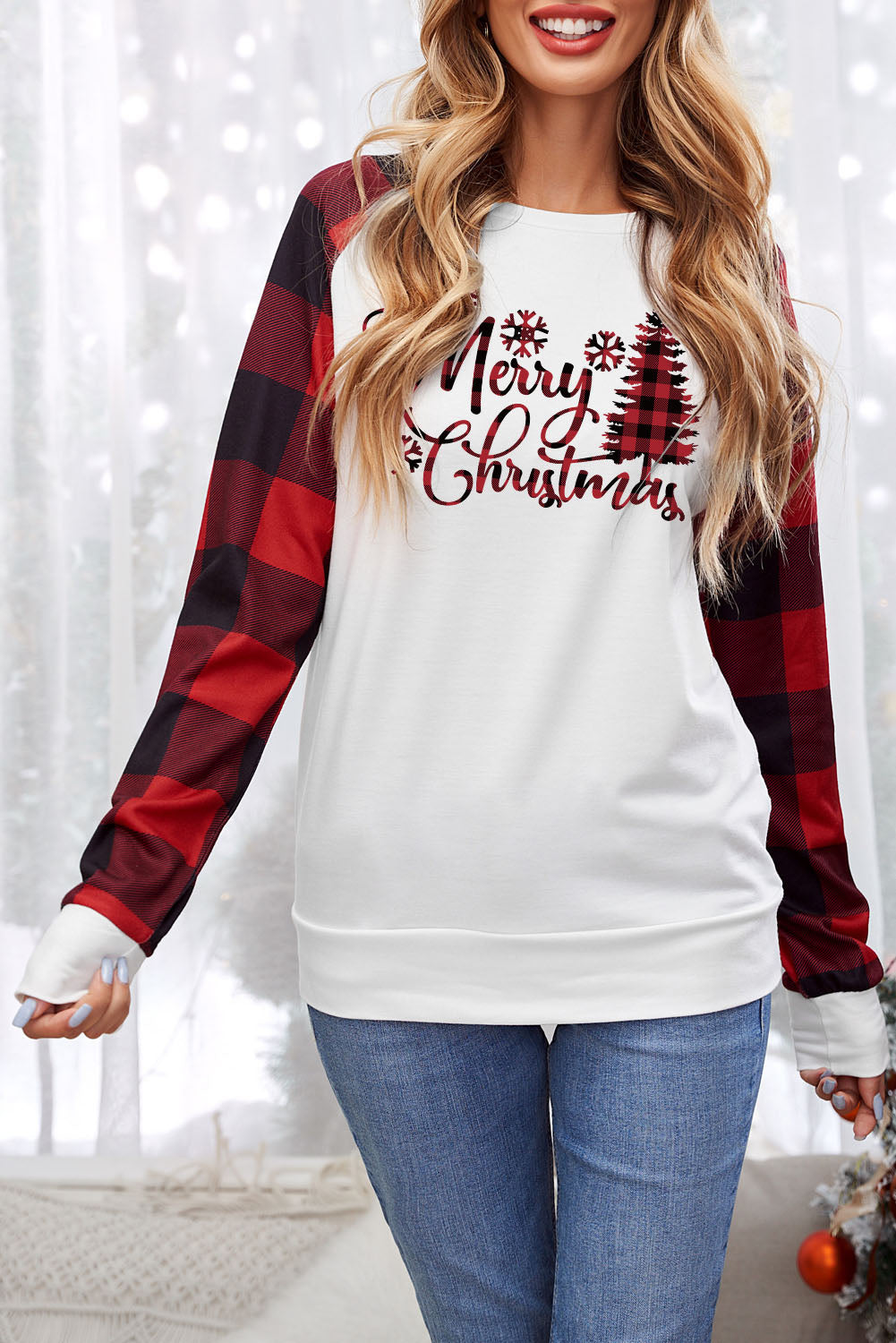 Merry Christmas Plaid Graphic Print Long Sleeve Sweatshirt
