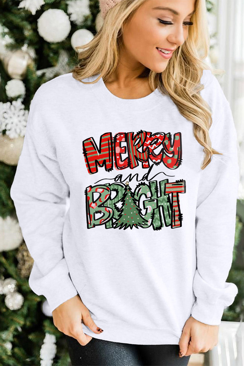 Merry Bright Christmas Graphic Print Pullover Sweatshirt