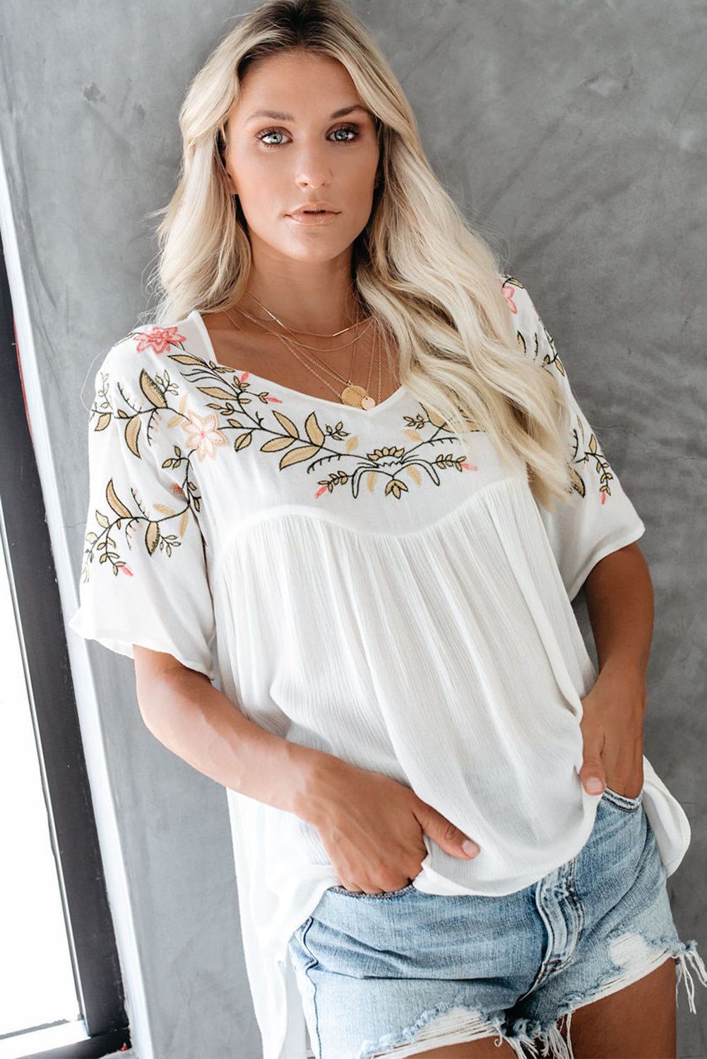 Floral Embroidered V Neck Crinkle Babydoll Blouse