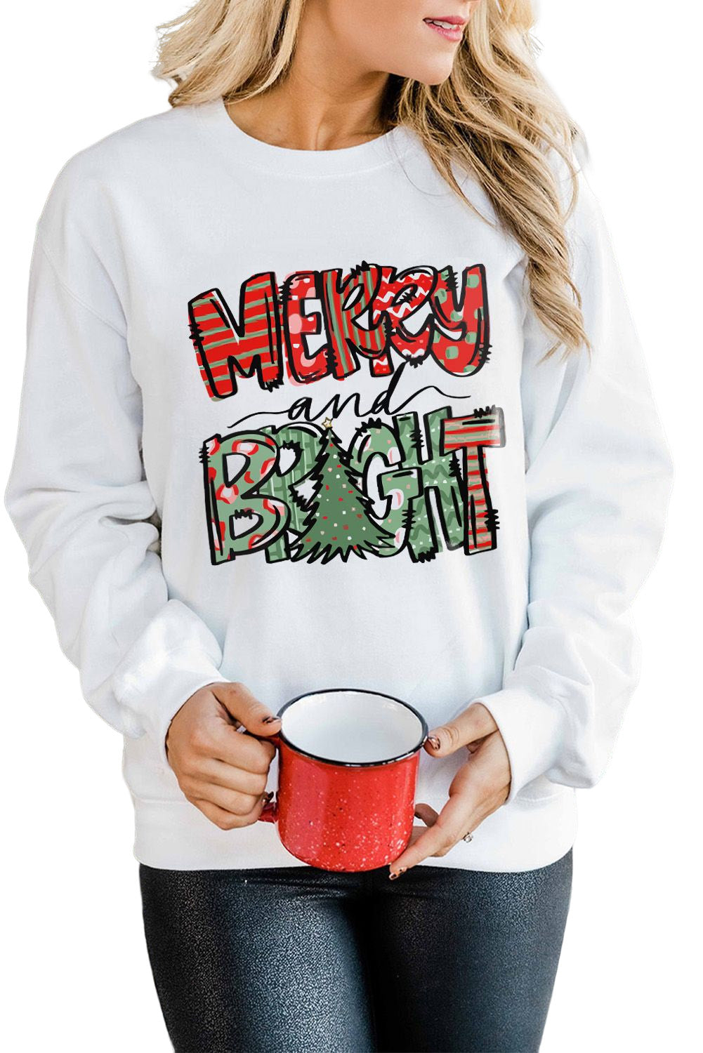 Merry Bright Christmas Graphic Print Pullover Sweatshirt