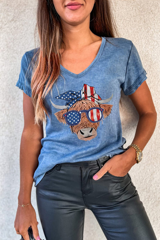 American Flag Cow Head Print V Neck Graphic T Shirt