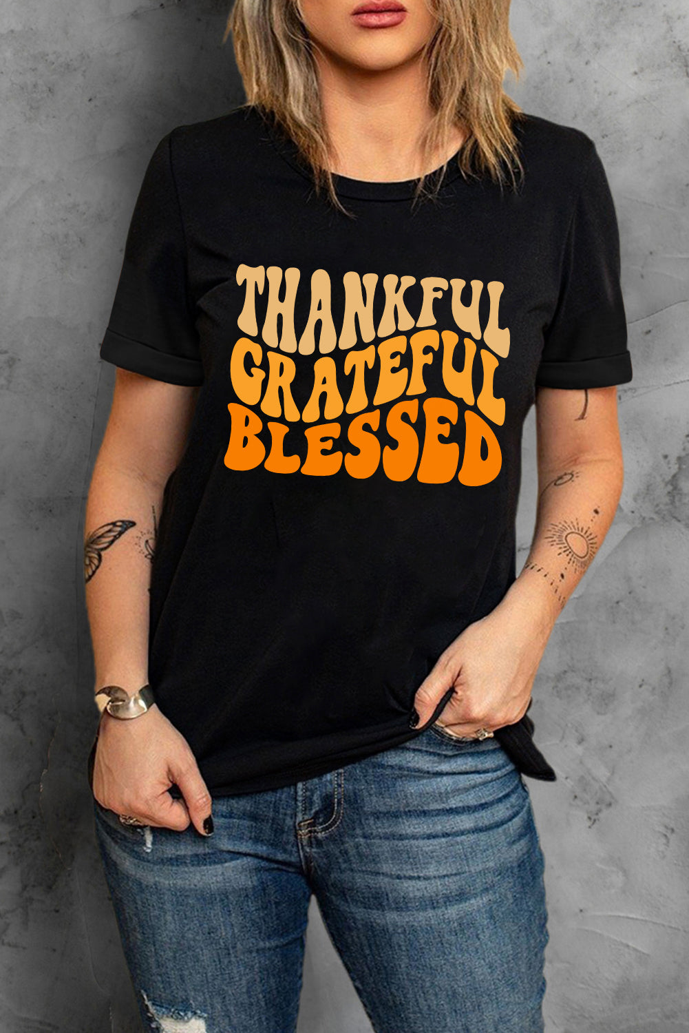 THANKFUL GRATEFUL BLESSED Crew Neck Graphic Tee