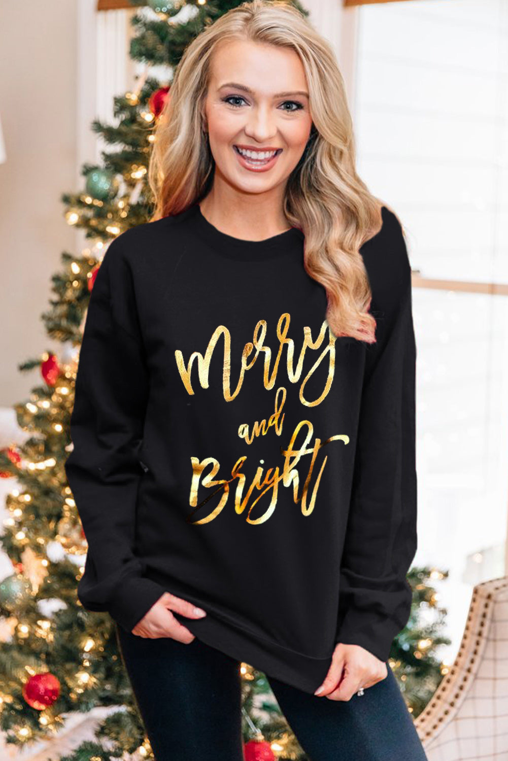 Merry & Bright Letter Print Pullover Sweatshirt