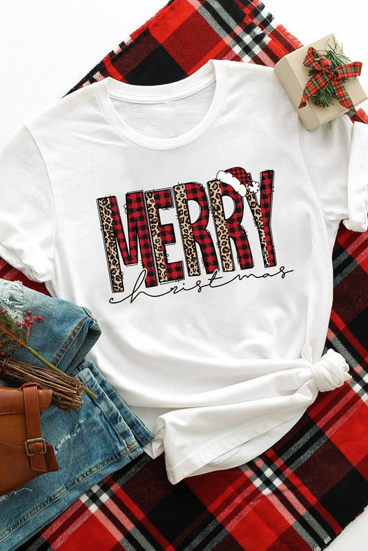 MERRY Plaid Leopard Print Short Sleeve T Shirt