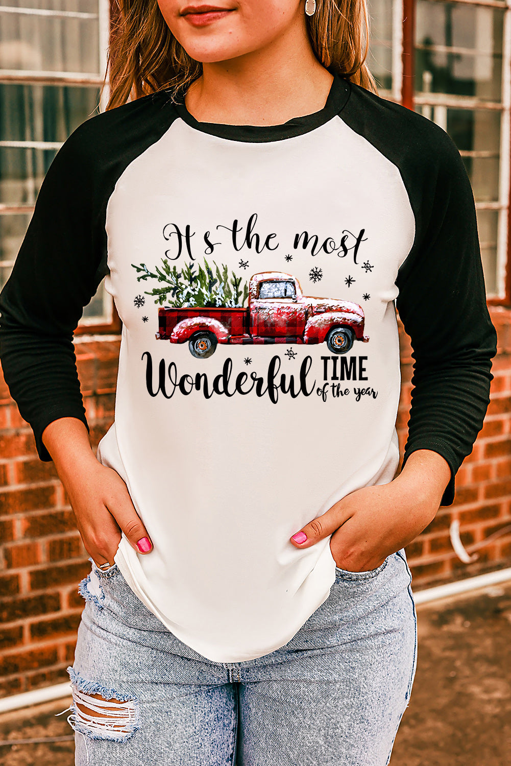 Christmas Truck Letter Graphic Print Color Block Top
