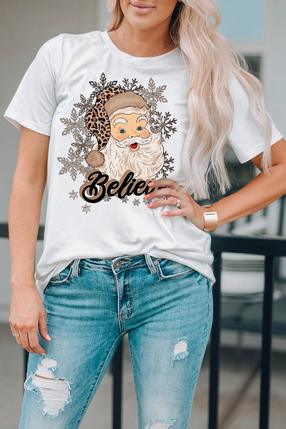 Believe Santa Claus Snowflake Print Crew Neck T Shirt