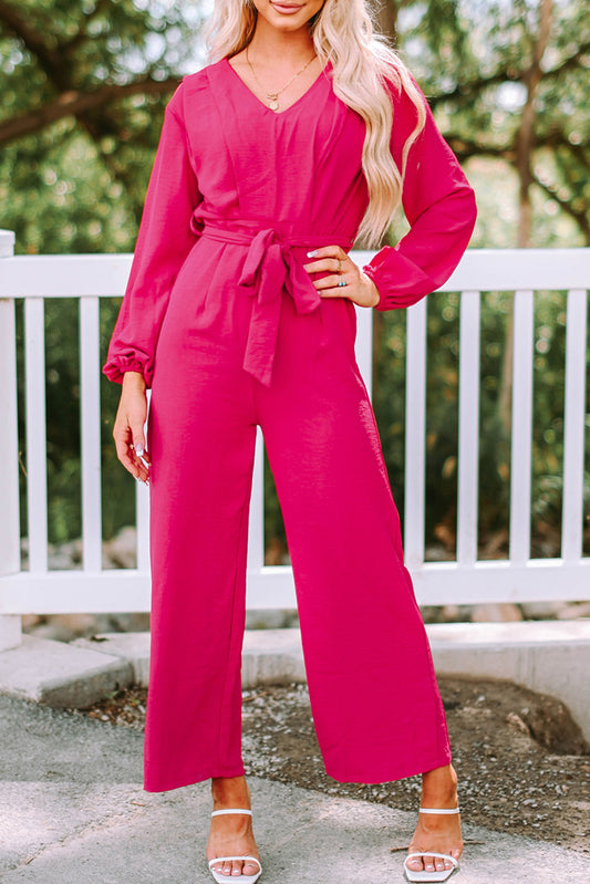 Bishop Sleeve Belted Wide Leg Jumpsuit